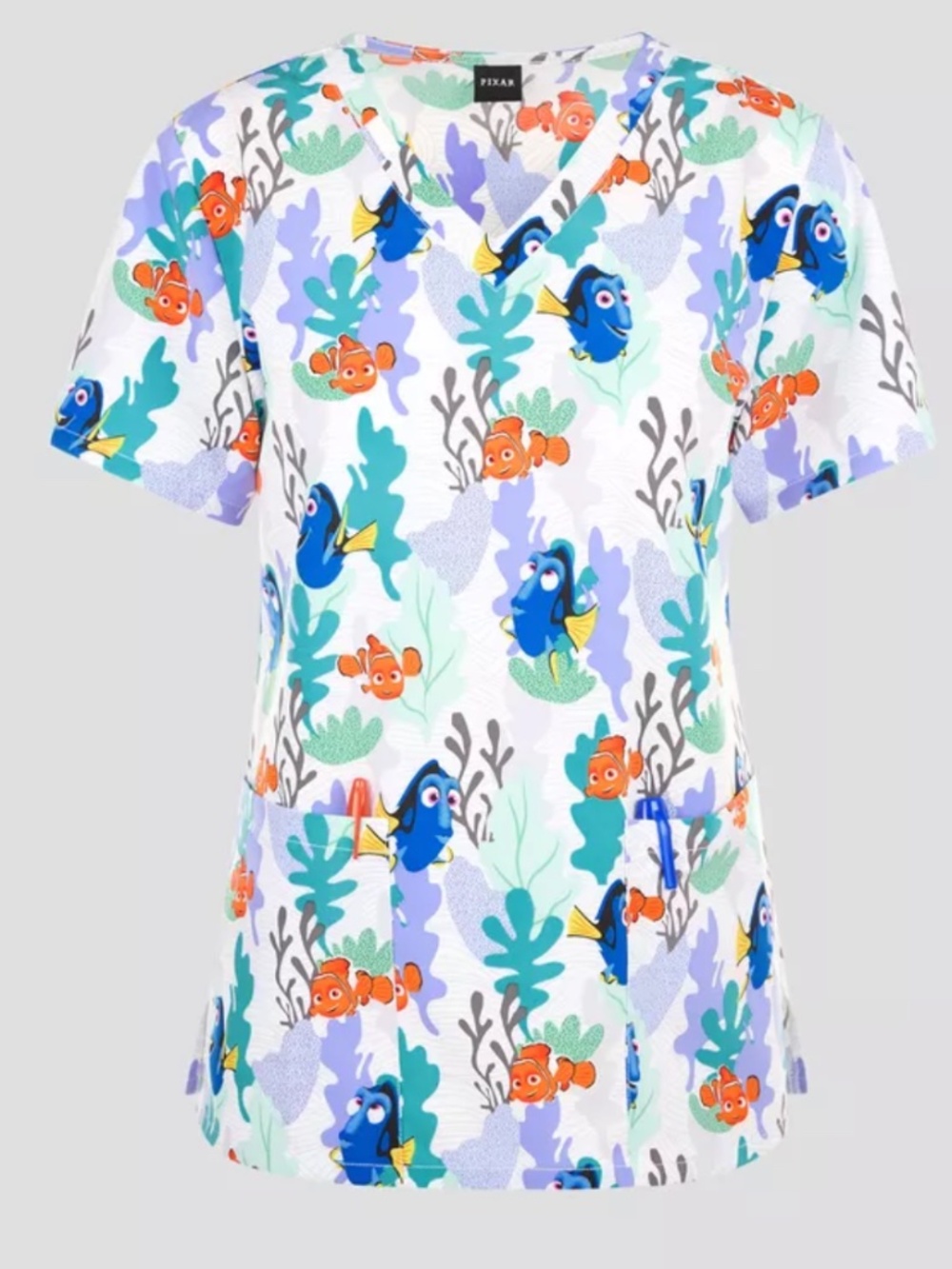 Tooniforms Disney's Nemo And Dory Women's 2-Pocket STRETCH V-Neck Print Scrub To